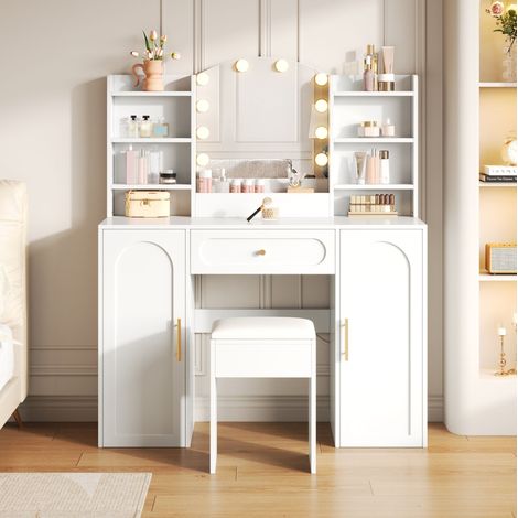 Schminktisch aus MDF in Weiß mit LED-Spiegel, 2 Schränken, 1 Schublade und Hocker (1/5)