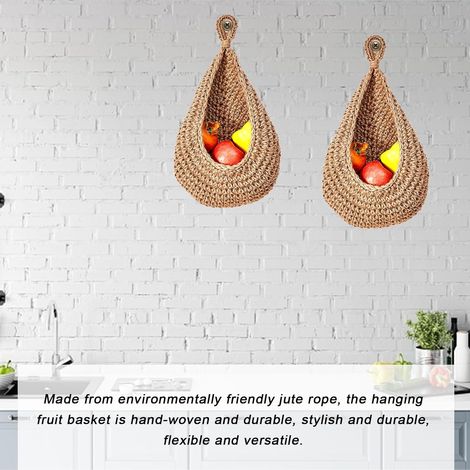 Lot de 3 paniers suspendus en coton tressé main pour fruits et légumes 3 crochets et 3 stickers muraux inclus Rangement décoratif suspendu pour cuisine (1/2)