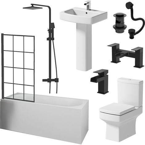 Aquari Complete Bathroom Suite Black Bath Shower Screen Basin Pedestal Toilet Taps 1700