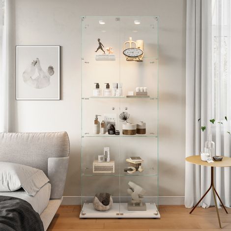 ADWOLT - Vitrine en verre–Vitrine Armoire pour Collection–Lumière LED circulaire– 5 niveaux 2 portes– Vitrine de salon–78×34×186cm–Blanc