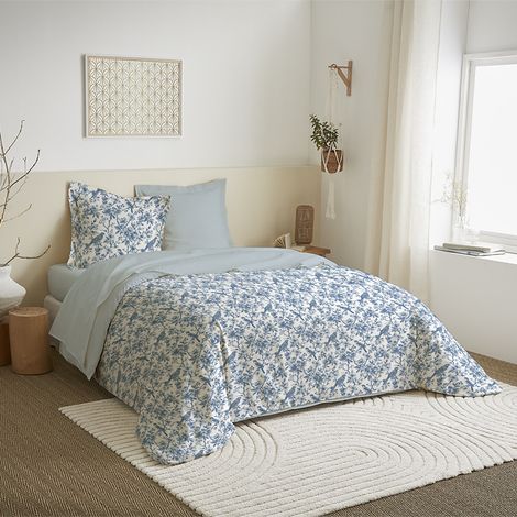 Parure de couette 4 pièces réversible 240 x 220 cm "Berengere Bleu" pour lit 140 x 190 cm Coton Pur -  - (1/3)