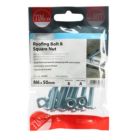 TIMCO Roofing Bolts & Square Nuts Silver - M6 x 50