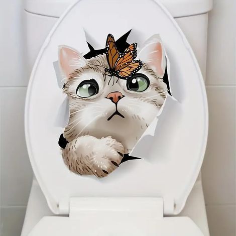Autocollant 3D étanche abattant WC motif chat, papillon, fleur ou oiseau
