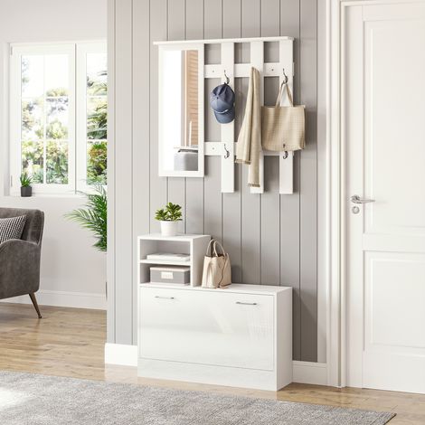 Recibidor con Espejo Perchero y Zapatero Muebles de Entrada con 6 Ganchos y Estantes para 8 Pares de Zapatos Blanco (1/5)