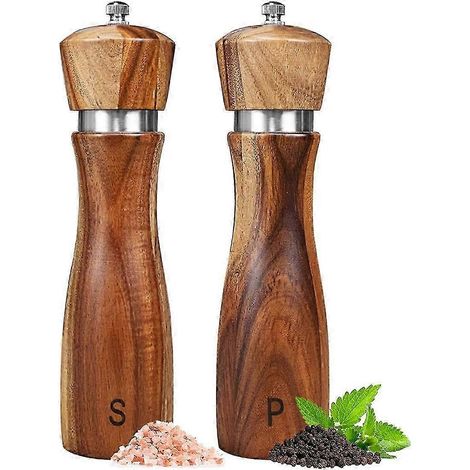 Ensemble de 2 moulins à sel et à poivre en bois d'acacia, 20 cm (8 pouces). (1/5)