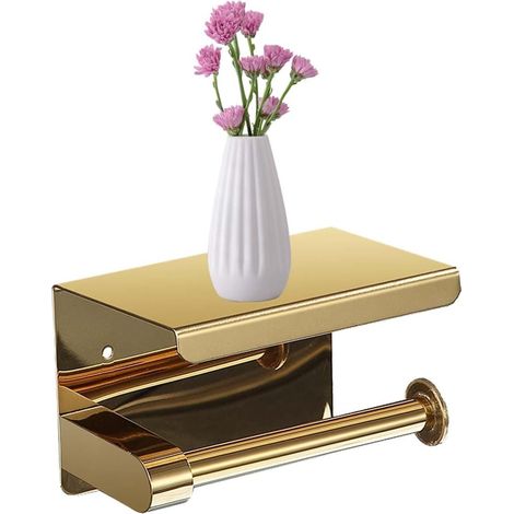 Porte-papier toilette doré avec étagère - Support mural pour rouleau de papier toilette avec rangement pour accessoires de salle de bain - Support Tp avec étagère pour téléphone - Matériau en acier (1/5)