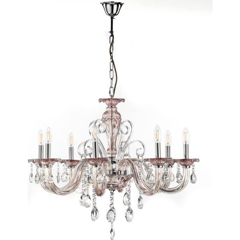 Lustre 8 lumières en verre cristal, couleur rose ancien (1/2)