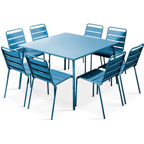 Oviala – Ensemble table de jardin 8 places en acier thermolaqué – Table carrée 120x120cm – Chaises empilables avec dossier ajouré – Résistant aux UV
