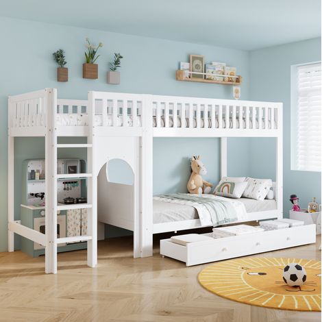 Letto a castello 90x200 cm bianco e naturale, struttura in legno con scala (1/5)