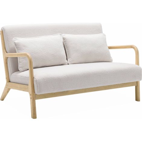 sweeek - Skandinavische 2-Sitzer-Bank aus Holz mit Teddy Bouclé-Bezug