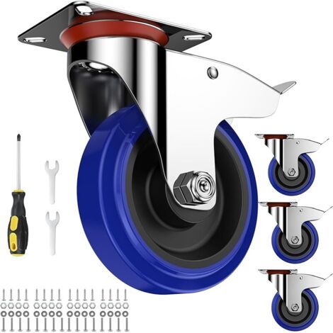 Pair 4 Roulettes Pivotantes 125mm pour Meubles avec Freins - Transport Charges Lourdes en Caoutchouc Jusqu'à 300 kg avec Accessoires de Montage - Bleu (1/5)
