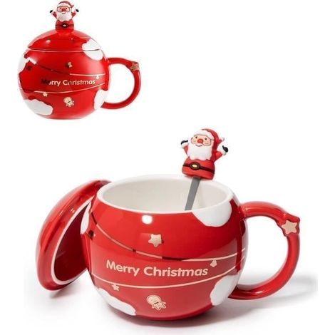 400ml Tasse Rouge en Céramique avec Cuillère et Couvercle, Tasse à Café, Chocolat chaud, Lait de poule pour enfants,Cadeau de Noël (1/4)