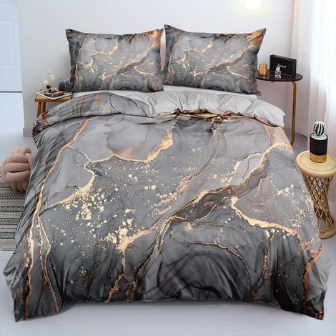 Ensemble de literie 3D 155x220cm Gris Or Marbre Motif Moderne Housse de Couette en Microfibre avec Fermeture Éclair et 2 Taies d'oreiller 80x80cm (1/5)