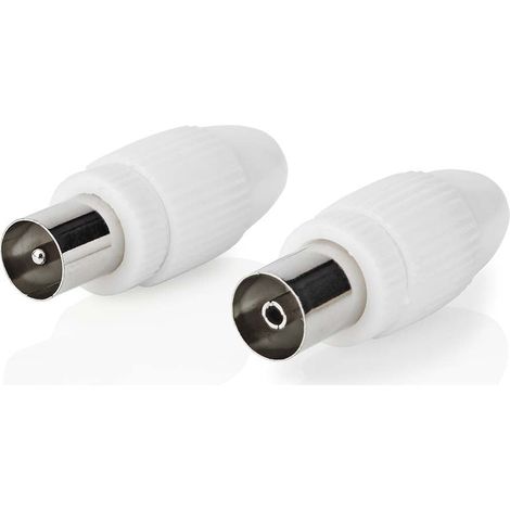 Iec coaxial recto masculino femenino niquelado 75 ohmios tornillo diametro de entrada del cable 70 mm metalpvc blanco 2 uds caja