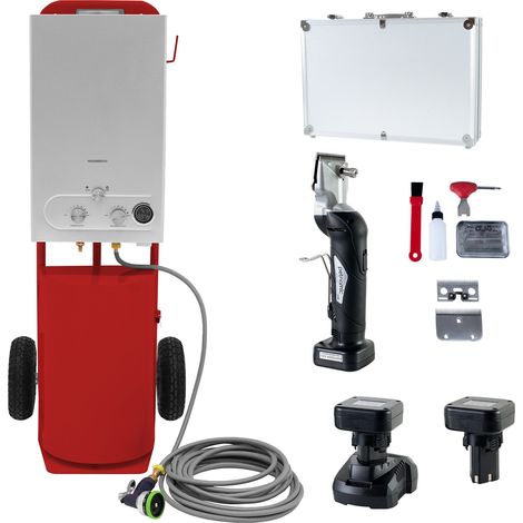Ducha Portátil para Caballos con Esquiladora Inalámbrica 180W, Calentador de Agua 36kW, Depósito 18L, Manguera 10m, 2 Baterías y Carro con Almacenamiento Rojo (1/5)