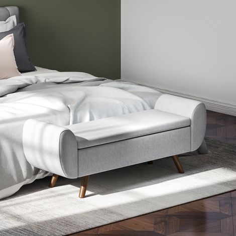 Banco de almacenamiento junto a la cama con reposabrazos, puf de tela con patas de madera y 53,8 L de capacidad, para dormitorio y sala de estar, 132 x 42 x 50 cm, gris.