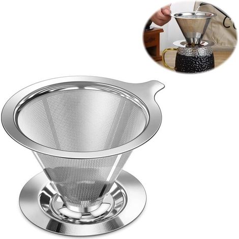 Permanent coffee filter with base, reusable stainless steel coffee filter, conical coffee filter holder with double sieve, no paper filters required, ideal for filtering coffee, silver filter
