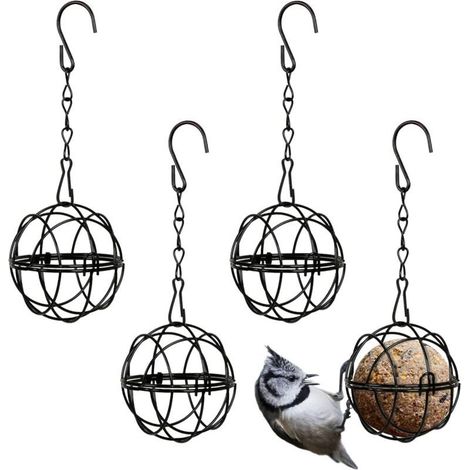 4pcs Mangeoires Oiseaux À Suspendre En Métal Porte Boule De Graisse À Oiseaux Intérieur Extérieur Noir 7cm De Diamètre Distributeur Nourriture Avec 4 Crochets En Forme S (1/5)
