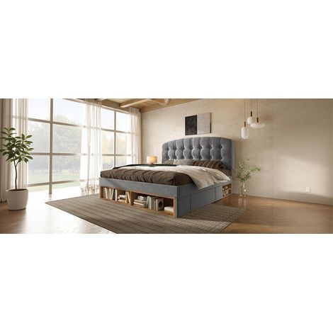 Cama 90x200 cm de terciopelo gris con cajones, sin colchón, para dormitorios pequeños – MEUBLIV (1/5)