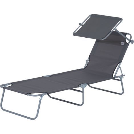 Transat pliable en gris, chaise longue jardin avec pare-soleil, lit bien-être à dossier réglable 4 positions, chaise de plage, charge max 120 kg, pour jardin, balcon et piscine, 6 couleurs. (1/5)