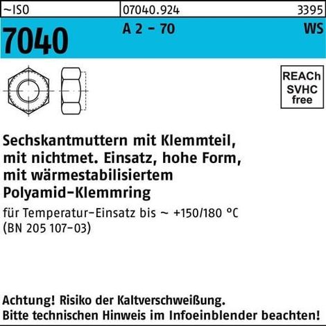 Écrou hexagonal ISO 7040 Pièce de serrage M10 A 2 - 70 anneau brun 500 pièces