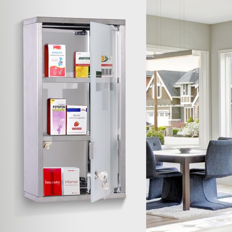 Armoire à Pharmacie 2 étagères 3 Niveaux verrouillable Porte Verre trempé dépoli Logo Croix 25L x 12l x 48H cm Acier INOX