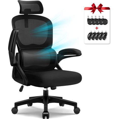 Authmic Chaise de Bureau,Fauteuil de Bureau,Chaise de Bureau Ergonomique avec Soutien Lombaire Adaptatif,Accoudoirs Rabattables à 90°,Appui-Tête Réglable,office chair en Tissu Maillé Respirant, Adapté