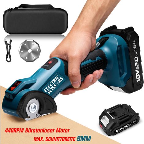 440RPM 18V Ciseaux électriques Sans Fil avec 2.0AH Batt, Moteur Sans Brosse, Charge USB-C, Largeur de Coupe 9mm, Lampe LED, Double sécurité, pour Tissus, Plastiques, Cuir, Tapis, Compat. Makita 18V