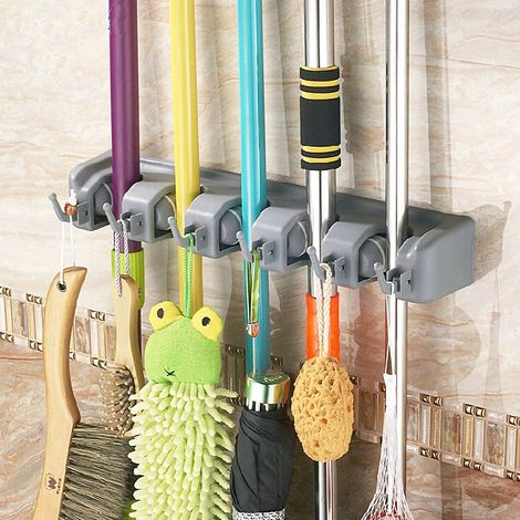 Besenhalter, Bürsten- und Mopp-Organizer, Wandhalterung zur Aufbewahrung (5 Positionen und 6 Haken) (1/5)