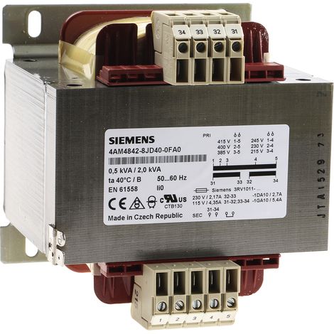 Transformateur rail DIN Siemens, Vin 230 V ac, 400V c.a., Vout 2 x 115V, 0.5kVA, 2 sorties ( Prix pour 1 )