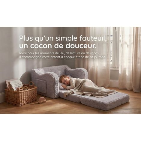 Canapé enfant pliable 2 en 1 43 x 60 x 43 cm - Fauteuil convertible lit de sieste en peluche douce avec accoudoirs et poche latérale - Gris clair (1/5)