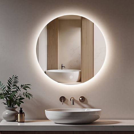 S'Afielina – Miroir lumineux salle de bain rond 50cm – Éclairage LED blanc froid 6500K – Interrupteur tactile – Étanche IP44