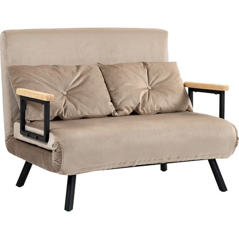 Fauteuil convertible 2 places avec fonction lit, dossier réglable 5 positions, revêtement velours, brun clair (1/5)