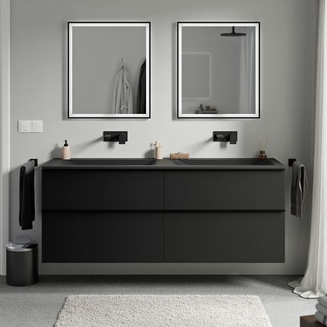 BERNSTEIN - Meuble vasque suspendu salle de bain MDF Noir mat, lavabo fonte minérale sans trou robinet & poignée métal Noir mat - 160x46x62cm - LAVOA Noir mat, Noir mat, Noir mat sans trou pour robine