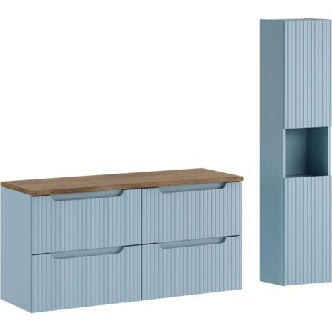Set bagno sospeso VANO blu denim e quercia 150cm: mobile sotto lavabo con cassetti + piano per lavabo + colonna