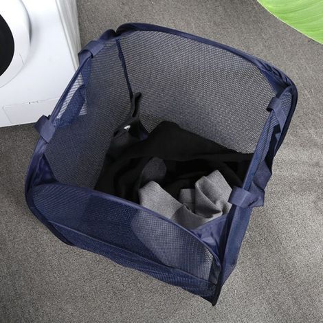 Panier à linge pliable bleu foncé avec ouverture ronde et panneaux latéraux. Grande capacité, panier à linge portable po (1/4)