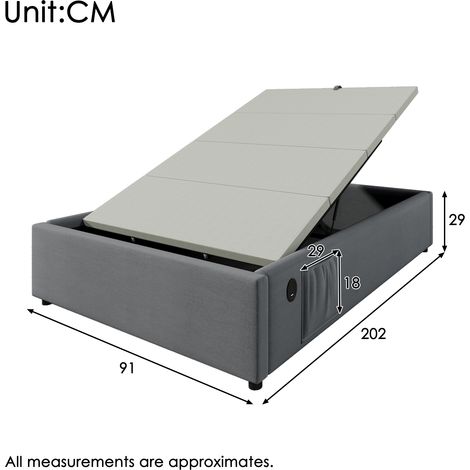 Cadre de lit en tissu gris coton 90x200 cm, sommier à lattes complet avec ports USB-C, lit simple sans tête de lit