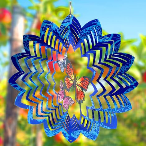 Moulin à vent papillon bleu, métal 30×30 cm, décoration de jardin à suspendre avec crochet rotatif (1/4)