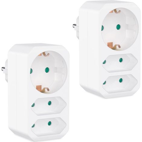 Set de 2 Prises multiples blanc - Adaptateur de prise avec sécurité enfant - Double prise 3680W - Multiprise triple - Prise electrique 2 Euro et 1 Schuko - Prise avec contact de protection (1/5)