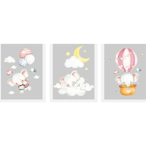 Affiches murales pour chambre d'enfant Éléphants avec ballons Nuages 3x 50x70 (1/4)