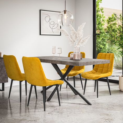Donni Dining Table And Chairs - Grey Table Top w Black Legs + Nova Velvet Dining Chair Set Of 4 (Mustard) (1/5)