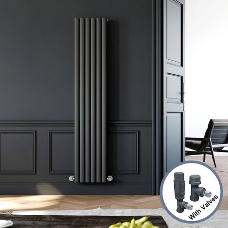 ELEGANT 1800 x 360 mm Anthracite Vertical Column Radiator Double Oval Panel Designer Bathroom Rads + Anthracite Thermostatic Radiator Valves (1/5)