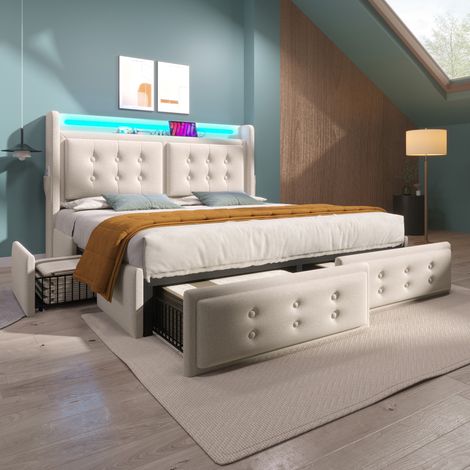 Bett modern 180x200 cm mit Kopfteil, 4 Schubladen, LED, USB-C und Lattenrost, beige (1/5)