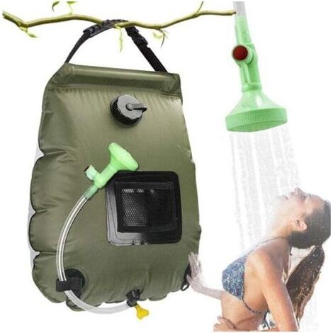 Sac de douche de camping chauffant à l'énergie solaire, sac de douche portable de 20 litres avec tuyau détachable et pommeaux de douche interchangeables, adapté aux voyages, à l'alpinisme, à la randon (1/4)