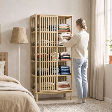 Armoire en bambou à 5 étagères et porte coulissante, design ajouré, bois naturel (1/5)