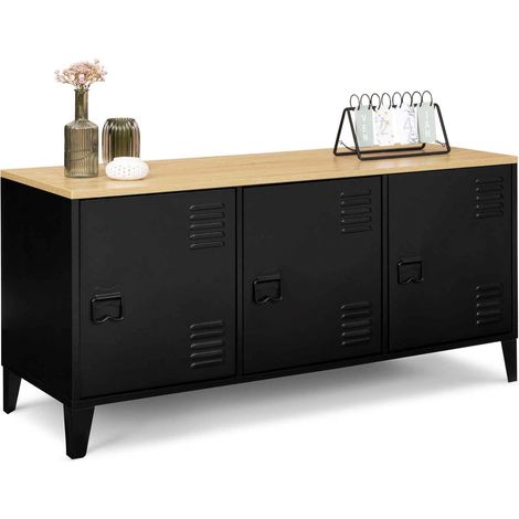 Idmarket – Buffet bas 113 cm 3 portes métal noir – Plateau bois façon hêtre – Style industriel – Dimensions 113x40x53 cm
