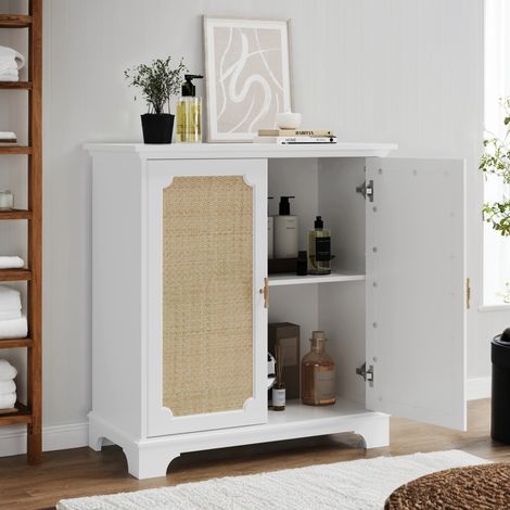 REDOM Buffet 38x80x86 cm Grand espace de rangement portes en rotin tressé panneau MDF et aggloméré blanc (1/5)