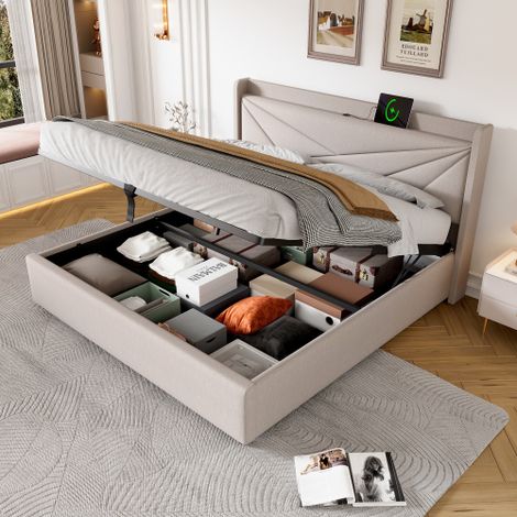 (=821415AAB) Letto imbottito, letto matrimoniale con contenitore, letto contenitore con funzione di ricarica USB Type C, testiera, letti contenitore, struttura letto in lino, letto per ragazzi 180x200 (1/5)
