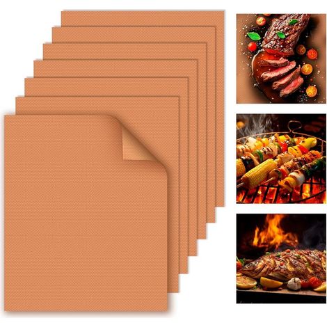7-teiliges Kupfer-Grillmatten-Set für den Außenbereich, 100 % antihaftbeschichtet, 40 x 33 cm, langlebig, wiederverwendbar und leicht zu reinigen – geeignet für Gas-, Holzkohle- und Elektrogrills