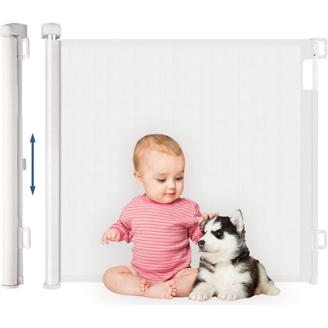 Barrière de Sécurité Rétractable pour Bébé et Chien Grille de Protection Enroulable pour Escalier et Couloir 0-180 cm Blanc (1/5)